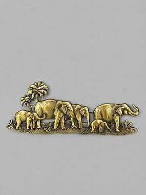 Vintage JJ Signed Elephant Family Brooch Pin Brass Tone African Safari Large